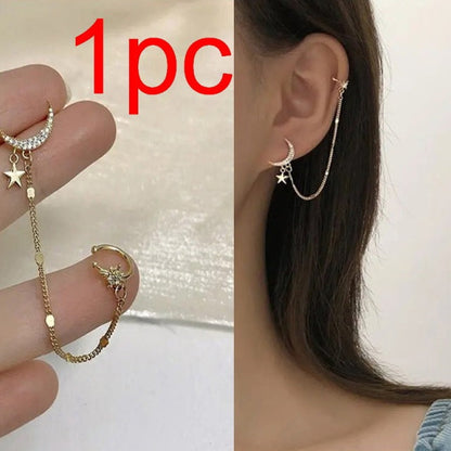 1PC New Fashion Gold Color Moon Star Clip Earrings For Women Simple Butterfly Fake Cartilage Long Tassel Ear Cuff Jewelry Gifts